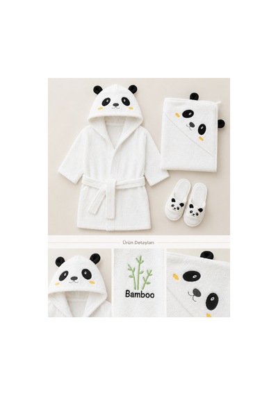 Yeni Doğan Bebek Bornoz Seti 3 Parça Panda Desenli Bambu Figürlü 0-24 Ay 0 - 24 Ay