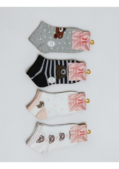 Heren Socks Heren Tedy Detaylı 4'lü Dikişsiz Kadın Patik Beyaz - Gri - Siyah Heren Socks Heren Tedy Detaylı 4'lü Dikişsiz Kadın Patik Beyaz - Gri - Siyah