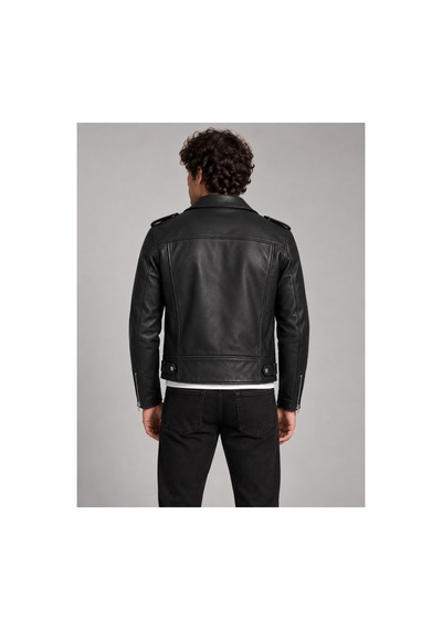 Maison Rae Erkek Siyah Slim Fit Biker Deri Ceket Fermuar Ve Cep Detaylı