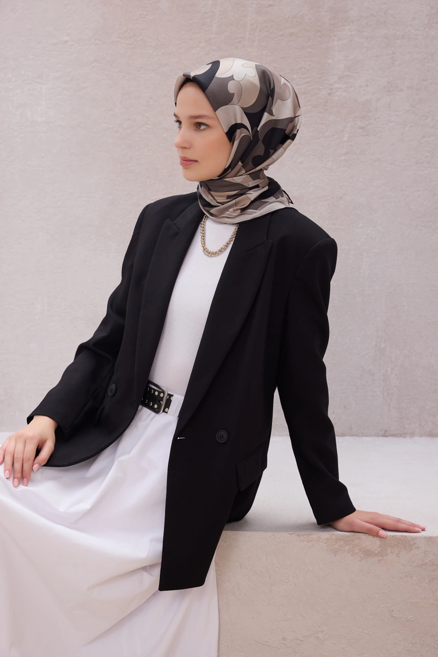BELLİ Geometrik Desen İpek Twill Eşarp 4213d01 Vizon