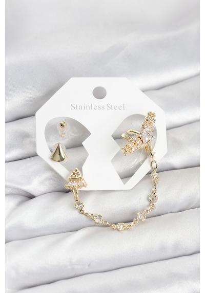 Pirinç Gold Renk Yıldızlı Model Zincir Bağlantılı Ear Cuff Küpe Seti