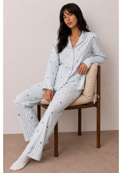 Kadın Düğmeli Kışlık Ev Mavi Pijama Takımı