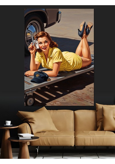 Oto Tamirci Pin Up Kadın Vintage Araba Dekoratif Kanvas - Mdf Ahşap Tablo