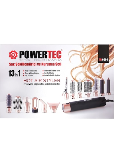 Powertec TR-6666 Ionic Series Airwrap Multi-styler Saç Şekillendirici & Kurutma 13in1 Profesyonel Set Siyah