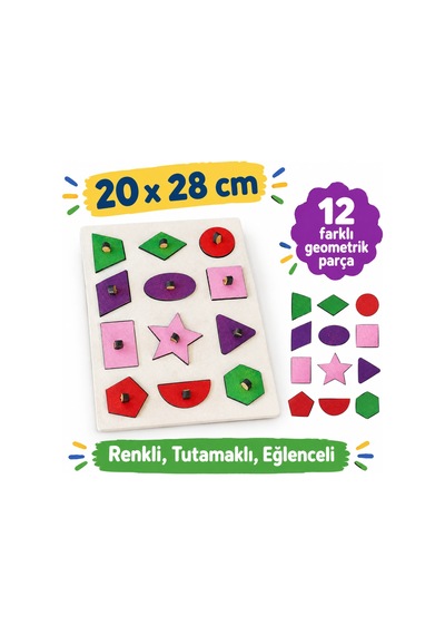 Geometri Ahşap Tutacaklı Eğitici Bulmaca Seti Çocuk El Ve Göz Kordinasyonu Gelişimene Yardımcı 20x28 Cm 03 + Yaş İçin Uygundur