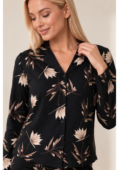 Gd Goldoremi 30185 Kadın Premium Uzun Kollu Önden Düğmeli Pijama Takım Siyah