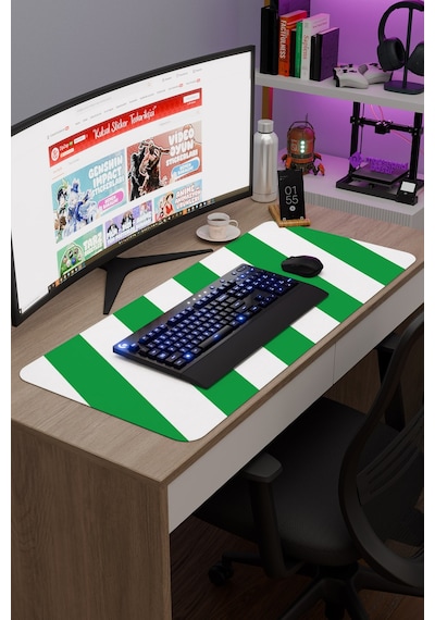 Yeşil Beyaz 90x40 Xxl Taraftar Gaming Oyuncu Mouse Pad Kaymaz Taban Büyük Klavye Fare Altlığı Şerit