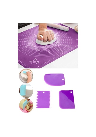 Silikon Hamur Açma Matı Ölçekli Hamur Açma Altlığı Ve 3'lü Hamur Kesici Kazıyıcı Dekoratör Set Renkli