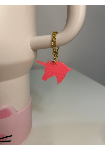 Unicorn Tasarımlı Quencher Termos Bardak Aksesuarı Zincirli Dekoratif Süs Pembe