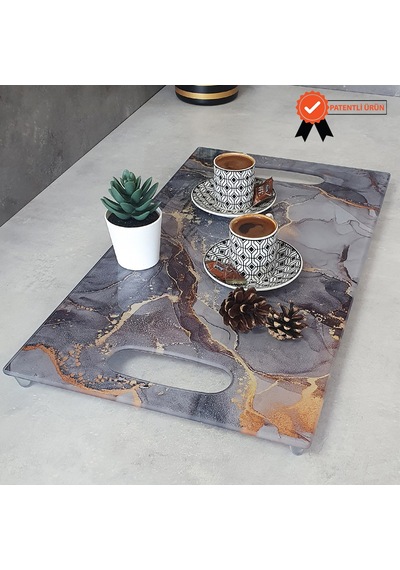 Decorita Cam Tepsi Gold Mermer Desen 29Cm X 52Cm