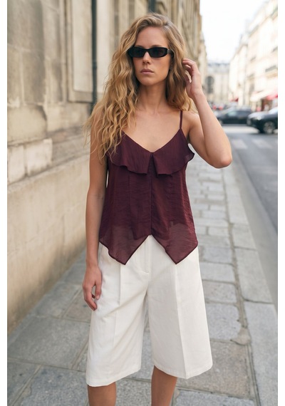 Sateen Fırfır Detaylı Askılı Bluz - Bordo-137726
