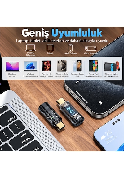 Robodünya 240w Usb 3.1 Type-c Dijital Güç Ölçer Adaptör 40gbps Veri Aktarımı, 8k Görüntü Destekli Voltaj Akım Watt Göstergeli