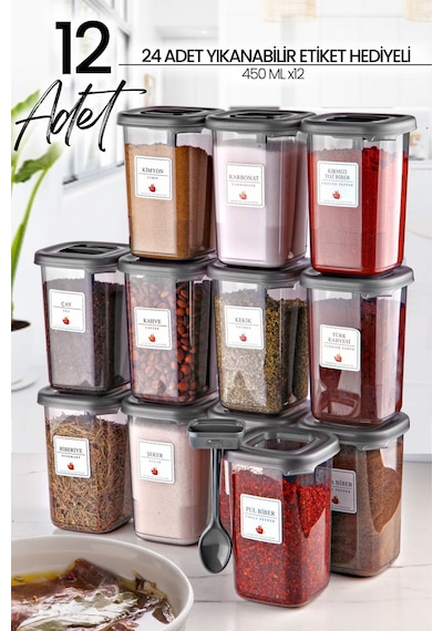 KitchenLife 12'li Azure Etiketli Ve Kendinden Kaşıklı Baharatlık Seti - Baharatlık Takımı Antrasit - Şeffaf