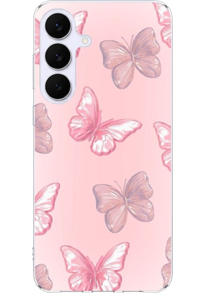 Samsung Galaxy S25 Fe Uyumlu Pembe Kelebekler Baskılı Silikon Kılıf Renkli