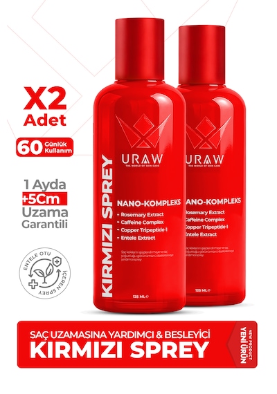 Uraw Saç Uzamasını Destekleyici ve Dökülme Karşıtı Kırmızı Sprey 2 x 125 ML
