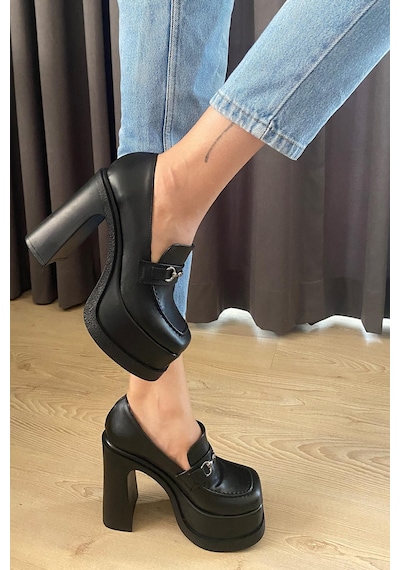 Preshley Kadın Clara İnce Tokalı Lofer Model 12 Cm Platform Topuklu Ayakkabı-siyah Siyah