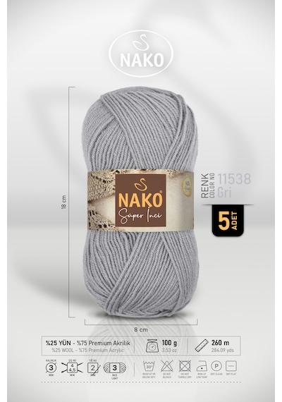 Süper İnci - 11538 Gri - 5'li Paket - 100gr/260m - El Örgü İpi - Atkı Yelek Kazak İpi