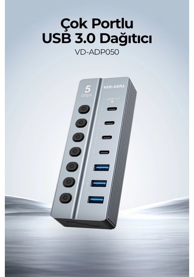 Ven-dens Vd-adp050 7 Portlu Usb Çoklayıcı Hub, 3 Usb-a Ve 4 Usb-c, 5 Gbps Veri Aktarımı, Gri