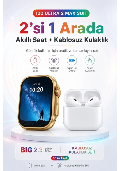2.3 İnç Geniş Ekranlı Akıllı Saat Ve Kablosuz Kulaklık 10 Parça Aksesuar Seti