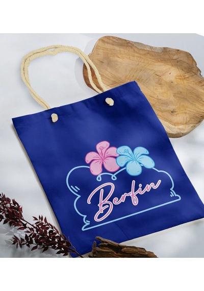 Bk Gift Kişiye Özel Yaz Temalı İsimli Saks Mavi Halat Saplı Kumaş Plaj Çantası -4, Baskılı Omuz Çantası, Alışveriş Çantası, Arkadaşa Hediye, Sevgiliye Haki