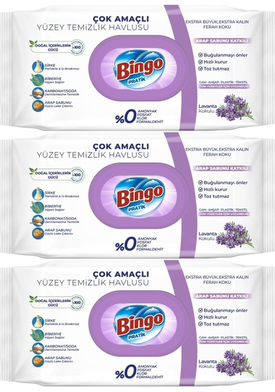 Bingo Clean Yüzey Temizlik Havlusu 96 Yaprak Lavanta Kokulu 3lü 3'lü Set