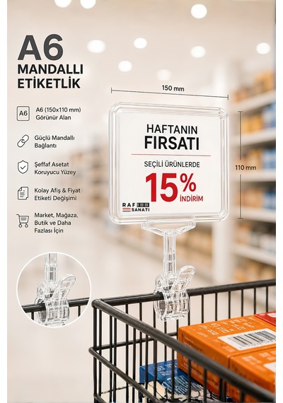 A6 Fiyatlık Mandallı Etiketlik Sepet Raf Askılık Fiyat Etiketi Çerçeveli Market Mağaza Şeffaf