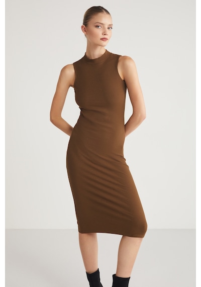 Grımelange Pannı Kadın Bisiklet Yaka Kolsuz Slim Fit Midi Kahverengi Elbise