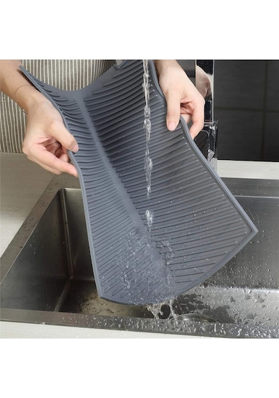 Elastik Bulaşık Matı Kokusuz Mutfak Su Tahliyesi 43x33 Cm Silikon Gri Diğer