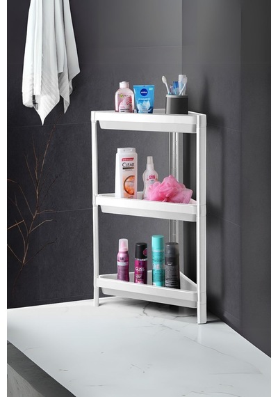 Üçgen Köşelik 3 Katlı Banyo Rafı, Banyo Köşe Düzenleyici, Beyaz