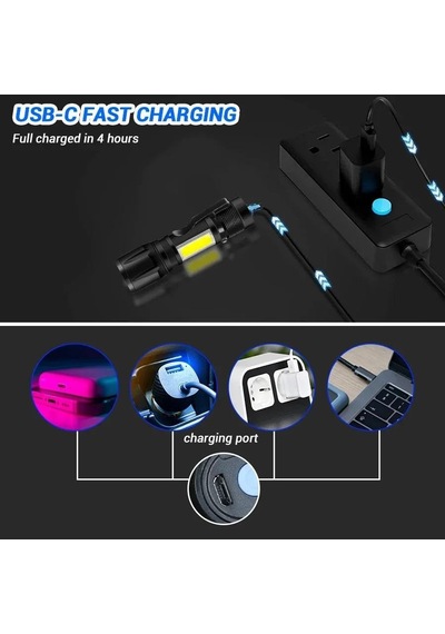 Usb Şarjlı Mini El Feneri Ultra Güçlü Led Fener, 3 Modlu Işık, Metal Kasa, Klipsli Taşınabilir Aydınlatma, Genel