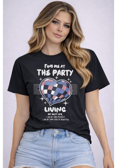 Herkesemoda The Party Baskı Detaylı Basic T-shirt Siyah