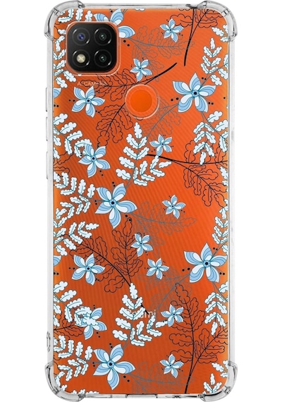 Xiaomi Redmi 10a Köşe Korumalı Antişok Kapak Floral Mavi Tasarımlı Şeffaf Silikon Kılıf