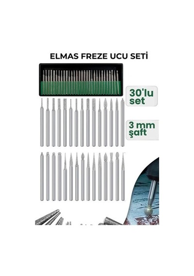 Mey Najmaddin 30 Parça Elmas Freze Ucu Seti - 3mm Şaft Profesyonel Gravür, Oyma Ve Hassas Taşlama Seti Najmaddin
