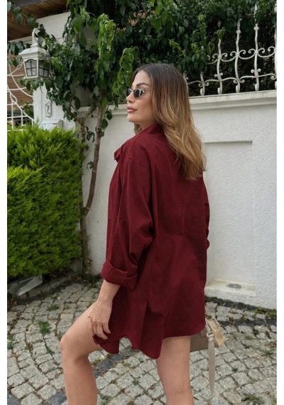 Rouge Basıc Oversize Keten Dokulu %100 Pamuk Salaş Gömlek Bordo