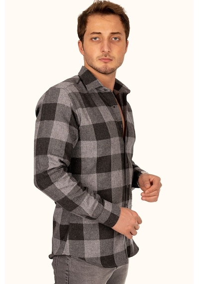 Damalı Slimfit Siyah Gri Oduncu Erkek Gömlek Siyah