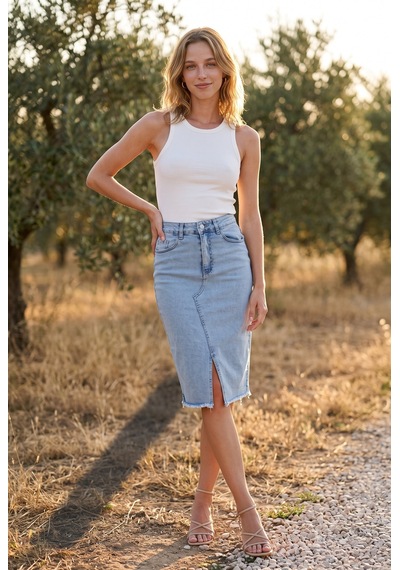 Soulshae Mavi Yüksek Bel Yırtmaçlı Denim Kalem Midi Etek Mavi 1
