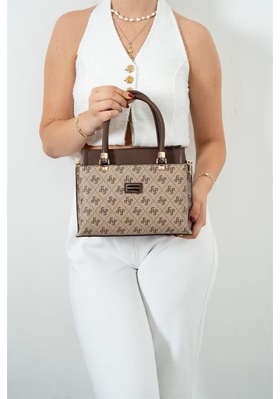 Silver Polo Sp826 Kadın El Çantası Monogram Koyubej-kahve