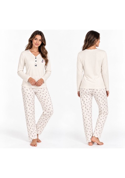Seamlife Kadın Uzun Kollu Desenli Pijama Takımı Sevimli Desenli Ev Giyim Seti ekru