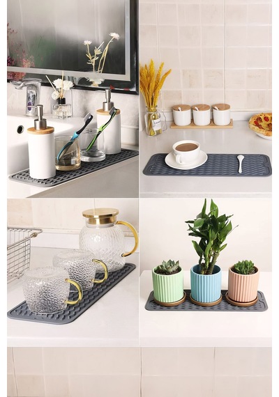 Gri 30x15 Cm Çok Amaçlı Silikon Bulaşık Kurutma Matı Bulaşıklık Mt257