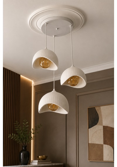 Beton Görünümlü 3'lü Sarkıt Avize Bohem Modern İskandinav Salon Yemek Masası Rustik Led Ampul Hediyeli Beyaz