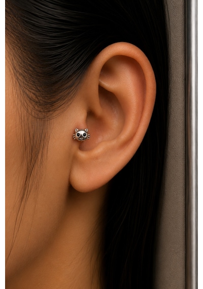 Sertifikalı 316l Çelik Siyah Göz Detaylı Kedi Yüzü Figürlü Premium Gümüş Renk Tragus Ve Helix Pierci