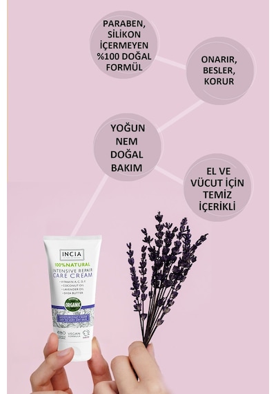 INCIA %100 Doğal Onarıcı Bakım Kremi Yoğun Nemlendirici Cilt Bakım Lavanta Avokado Shea Vegan 50 ML