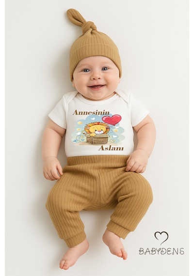 Babyden's Annesinin Aslanı Yazılı 3 Lü Bebek Takımı %100 Pamuk Çıtçıtlı Zıbın, Fitilli Pantolon Ve Şapka Kahverengi