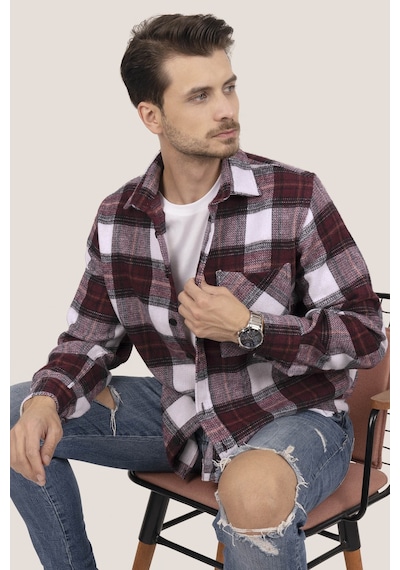 Kiraz Beyaz Geçişli Oversize Oduncu Erkek Gömlek + Kutulu Beyaz
