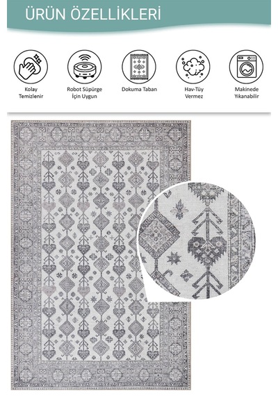 Stonart Eskitme Vintage Desenli Bej/gri Otantik Yıkanabilir Şönil Halı Al 448 Bej