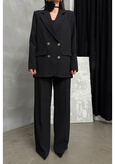 Msm Fashion Kadın İkili Blazer Ceket Pantolon Takım Aksesuar Ve Düğme Detaylı Bol Paça Siyah Msm Fashion Kadın İkili Blazer Ceket Pantolon Takım Aksesuar Ve Düğme Detaylı Bol Paça Siyah