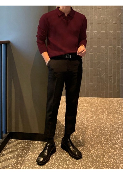 Bordo Erkek Polo Yaka Fitilli Triko Kazak Bordo