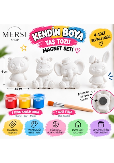 4 Lü Kendin Boya Taş Tozu Magnet Seti Hayvan Figürleri, 3 Renk Boya Ve Fırça