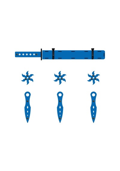 Ahşap Samuray Seti 3 Lü Katana Kılıcı + Kohga + Kunai  Mavi