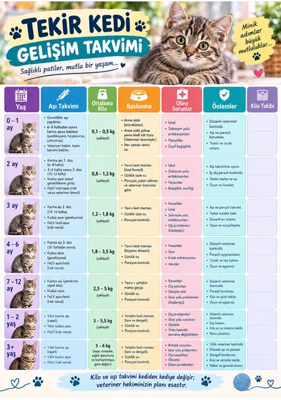 Tekir Kedi Gelişim Takvimi A4 Laminasyon Kaplı Kedi Takvimi Ortalama Kilo Beslenme Hastalık Ve Kilo Takip Tablosu